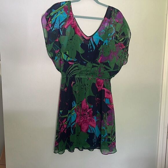 Express Women's Multicolor Floral V-Neck Chiffon Mini Dress Size Medium - Picture 2 of 8
